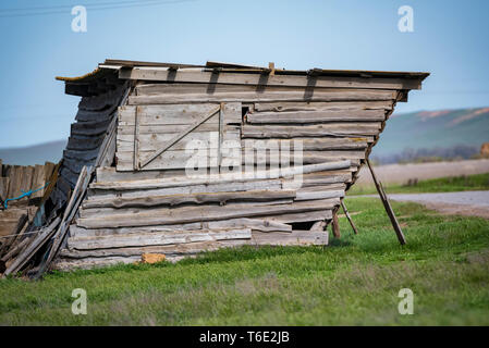 An old wooden shack falling apart in the woods after being ...