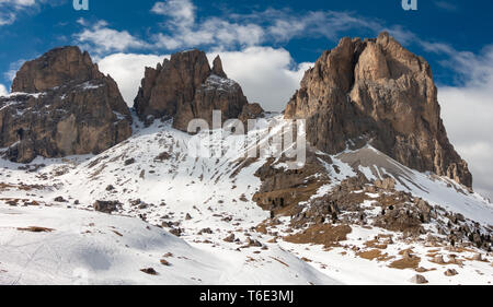 The Val Di Fassa ski area with the famous Tri Cime rocks in the background Stock Photo