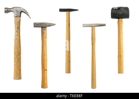 Collection of different old hammers, isolated on white Stock Photo