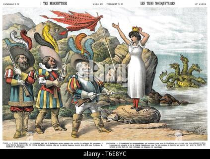 The three musketeers,  by satirical cartoon weekly Il Papagallo 1884 Stock Photo