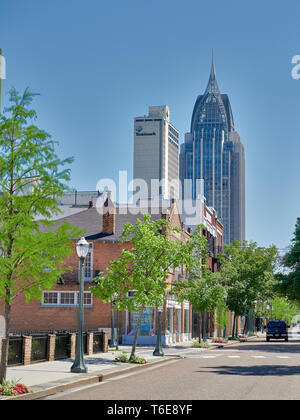 Historic Daphne Street and the Mobile skyline, including the RSA Battle House Tower, in downtown Mobile Alabama, USA. Stock Photo