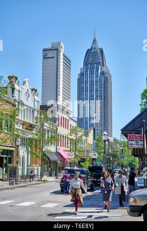 Historic Daphne Street and the Mobile skyline, including the RSA Battle House Tower, in downtown Mobile Alabama, USA. Stock Photo