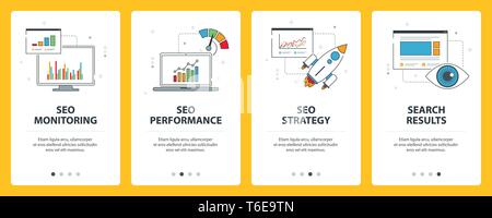 Search Engine Optimization internet banner. Vector set of banners with SEO monitoring, SEO performance, SEO strategy and search results website templa Stock Vector