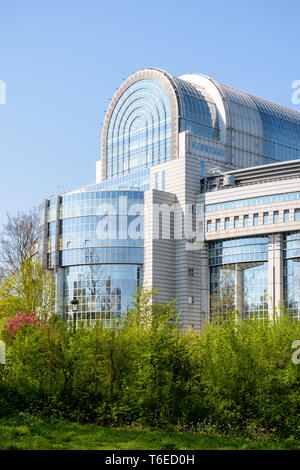 Eastern facade of the Paul-Henri Spaak building, seat of the hemicycle of the European Parliament in Brussels, Belgium, seen from the Leopold park. Stock Photo