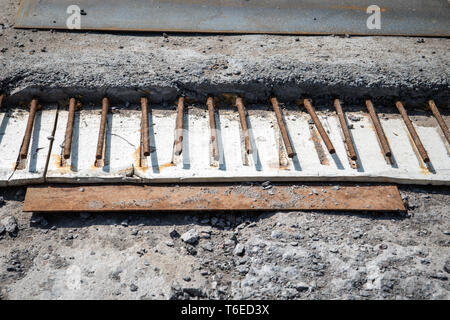Damaged concrete structures. Bridge in bad and emergency condition Stock Photo