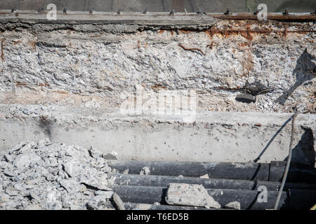 Damaged concrete structures. Bridge in bad and emergency condition Stock Photo