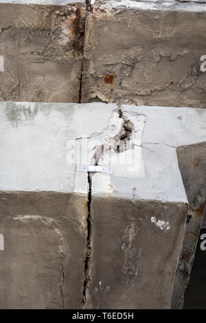 Damaged concrete structures. Bridge in bad and emergency condition Stock Photo