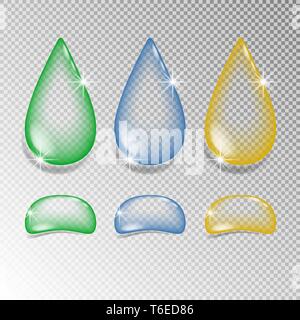 A set of realistic colored transparent water drops. Stock Vector