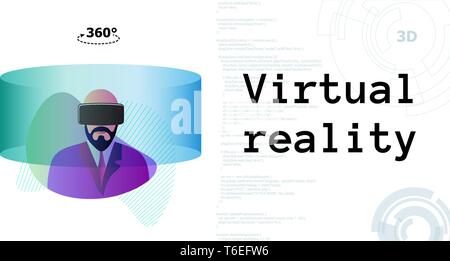 Man wearing virtual reality headset glasses. Vr interface world poster design template. Future innovation technology vector modern illustration Stock Vector