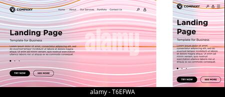 Landing page blank template desktop PC and mobile adaptive version. Minimal geometric background. Dynamic volume lines composition. Vector design for  Stock Vector