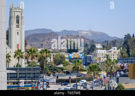 Hollywood Sign cityscape view from Hollywood Boulevard, Los Angeles, California, USA Stock Photo