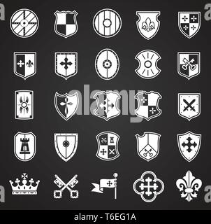 Shields and Heraldry related icons set on black background for graphic and web design. Simple vector sign. Internet concept symbol for website button Stock Vector