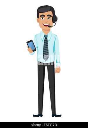 Concept of handsome confident smiling business man. Cartoon character businessman in headset holds smartphone. Vector illustration on white background Stock Vector