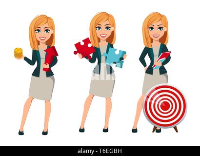 Concept of modern business woman, set of three poses. Cartoon character businesswoman with blonde hair holds bitcoins and arrow, holds puzzle and stan Stock Vector