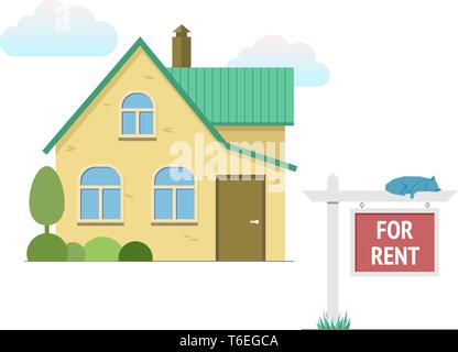 House with tree and bushes. Property for rent wooden placard nameplate with cat. Yellow brick wall, green roof housetop. Real estate sign. Flat design Stock Vector