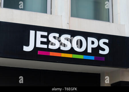 A close-up of a Jessops camera store sign on March 17, 2019 in Cardiff, United Kingdom. Stock Photo