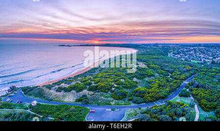 Aerial panoramic landscape of Warrnambool ocean coastline at sunset Stock Photo