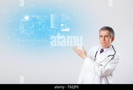 Middle aged neurologist showing the test result   Stock Photo