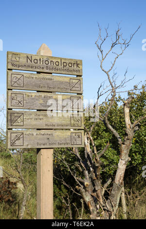 Sign of National park Vorpommersche Boddenlandschaft, West beach, Darss Stock Photo