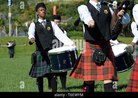 Durban, KwaZulu-Natal, South Africa, people, drummer marching during pipe band performance, 56th Highland Gathering, 2019, Amanzimtoti, tartan, kilts Stock Photo