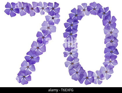 Numeral 70, seventy, from natural blue flowers of periwinkle, isolated on white background Stock Photo