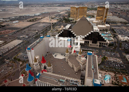 Aerial of Excalibur Hotel And Casino, Luxor and Mandalay Bay in Las Vegas Stock Photo