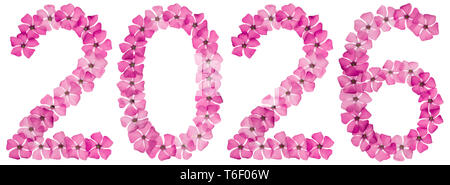 Inscription 2026, from natural pink flowers of periwinkle, isolated on white background Stock Photo