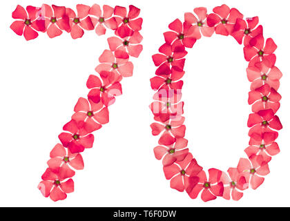 Numeral 70, seventy, from natural red flowers of periwinkle, isolated on white background Stock Photo