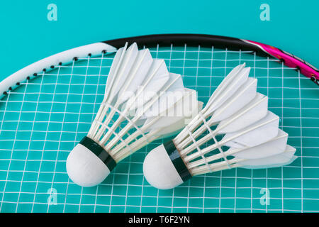 Badminton shuttlecocks and racket on green background Stock Photo
