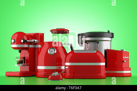 red kitchen appliances isolated on green background Stock Photo