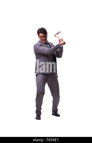 Angry businessman with axe isolated on white Stock Photo