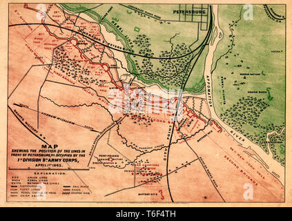 Map showing the position of the lines in front of Petersburg, Virginia, occupied by the 1st Division, 9th Army Corps, April 1st 1865 Stock Photo