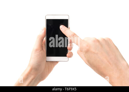 Hands touching smartphone screen Stock Photo