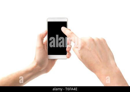 Hands touching smartphone screen Stock Photo