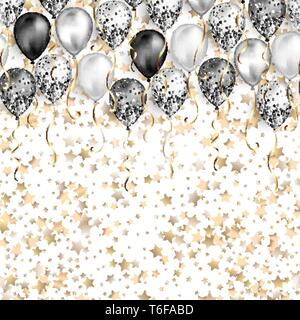 White Background with stars confetti and black and white balloons as top border. Shiny glossy realistic ballon with glitter and gold ribbon, vector de Stock Vector