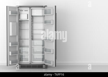 modern empty fridge in front of white wall Stock Photo