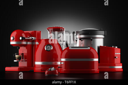 red kitchen appliances on black background Stock Photo