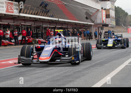 Barcelona, Spain. March 5th , 2019 -  Louis Deletraz from Switzerland 1 and teammate Nobuharu Matsushita from Japan 2 of Carlin Racing during Fia F2 2 Stock Photo