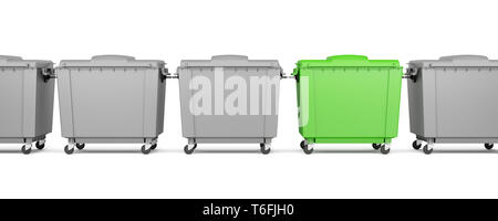 green garbage container among gray containers isolated on white background Stock Photo