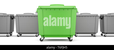 green garbage container among gray containers isolated on white background Stock Photo