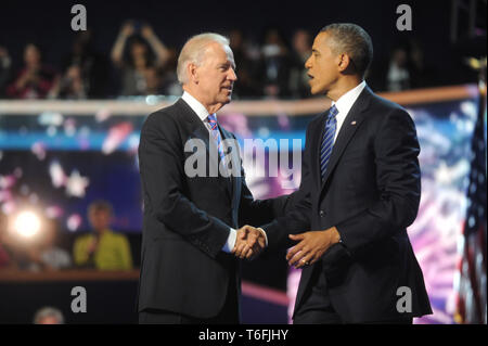 CHARLOTTE, NC - SEPTEMBER 06: Joe Biden and Barack Obama at day three of the Democratic National Convention at Time Warner Cable Arena on September 6, 2012 in Charlotte, North Carolina. © mpi01/MediaPunch Inc. Stock Photo