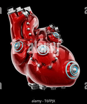 Artificial mechanic red heart isolated on black. 3D illustration. Stock Photo