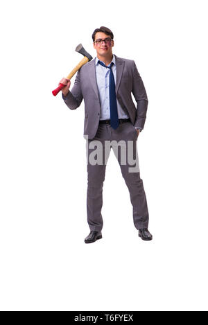 Angry businessman with axe isolated on white Stock Photo