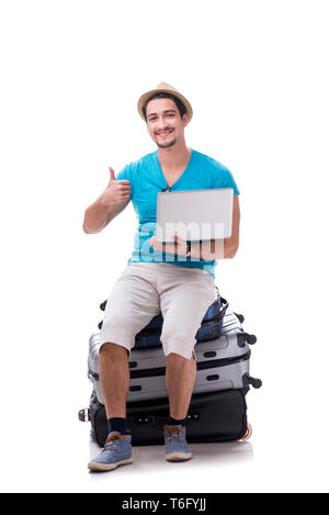 Freelancer working on the go isolated on white Stock Photo