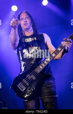 John Moyer of Disturbed performs live on stage during the 'Evolution'-Tour at the Alsterdorfer Sporthalle on April 28, 2019 in Hamburg, Germany. Stock Photo