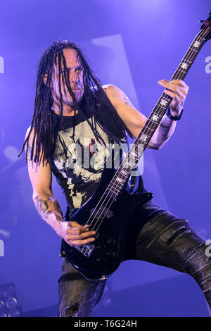 John Moyer of Disturbed performs live on stage during the 'Evolution'-Tour at the Alsterdorfer Sporthalle on April 28, 2019 in Hamburg, Germany. Stock Photo