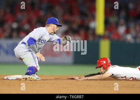 Los Angeles, USA. April 30, 2019: Toronto Blue Jays second baseman Eric Sogard (5) tries to get the tag on Los Angeles Angels shortstop Andrelton Simmons (2) as Simmons steals second during the game between the Toronto Blue Jays and the Los Angeles Angels of Anaheim at Angel Stadium in Anaheim, CA, (Photo by Peter Joneleit, Cal Sport Media) Credit: Cal Sport Media/Alamy Live News Stock Photo