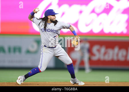 Los Angeles, USA. April 30, 2019: Toronto Blue Jays shortstop Freddy Galvis (16) throws out a runner at first base during the game between the Toronto Blue Jays and the Los Angeles Angels of Anaheim at Angel Stadium in Anaheim, CA, (Photo by Peter Joneleit, Cal Sport Media) Credit: Cal Sport Media/Alamy Live News