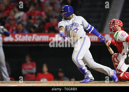 Los Angeles, USA. April 30, 2019: Toronto Blue Jays third baseman Vladimir Guerrero Jr. (27) eyes his grounder during the game between the Toronto Blue Jays and the Los Angeles Angels of Anaheim at Angel Stadium in Anaheim, CA, (Photo by Peter Joneleit, Cal Sport Media) Credit: Cal Sport Media/Alamy Live News Stock Photo