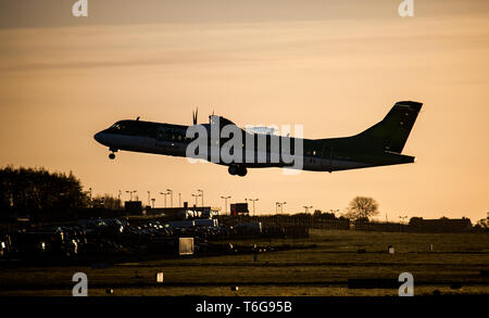 Cork Airport, Cork, Ireland. 01st May, 2019. An Aer Lingus Regional ATR 72 aircraft operated by Stobart Air takes off for Edinburgh from runway 16-34 on a very bright morning at Cork Airport, Cork, Ireland. Credit: David Creedon/Alamy Live News Stock Photo